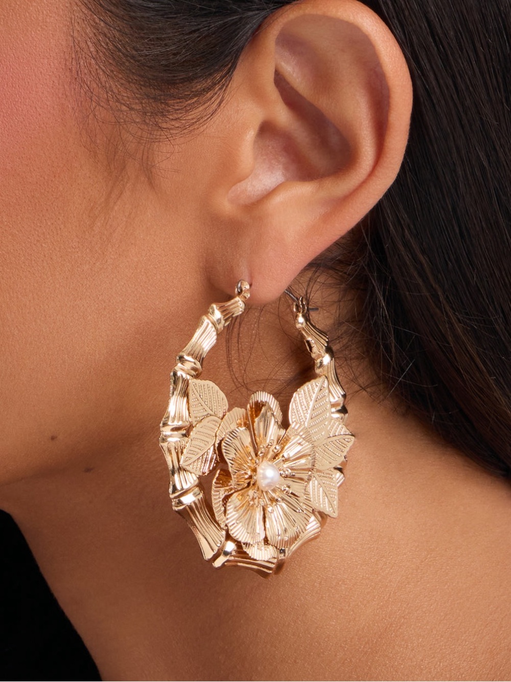 Fashion Nova Gold Floral Bamboo Hoop Earrings with Pearl Accent